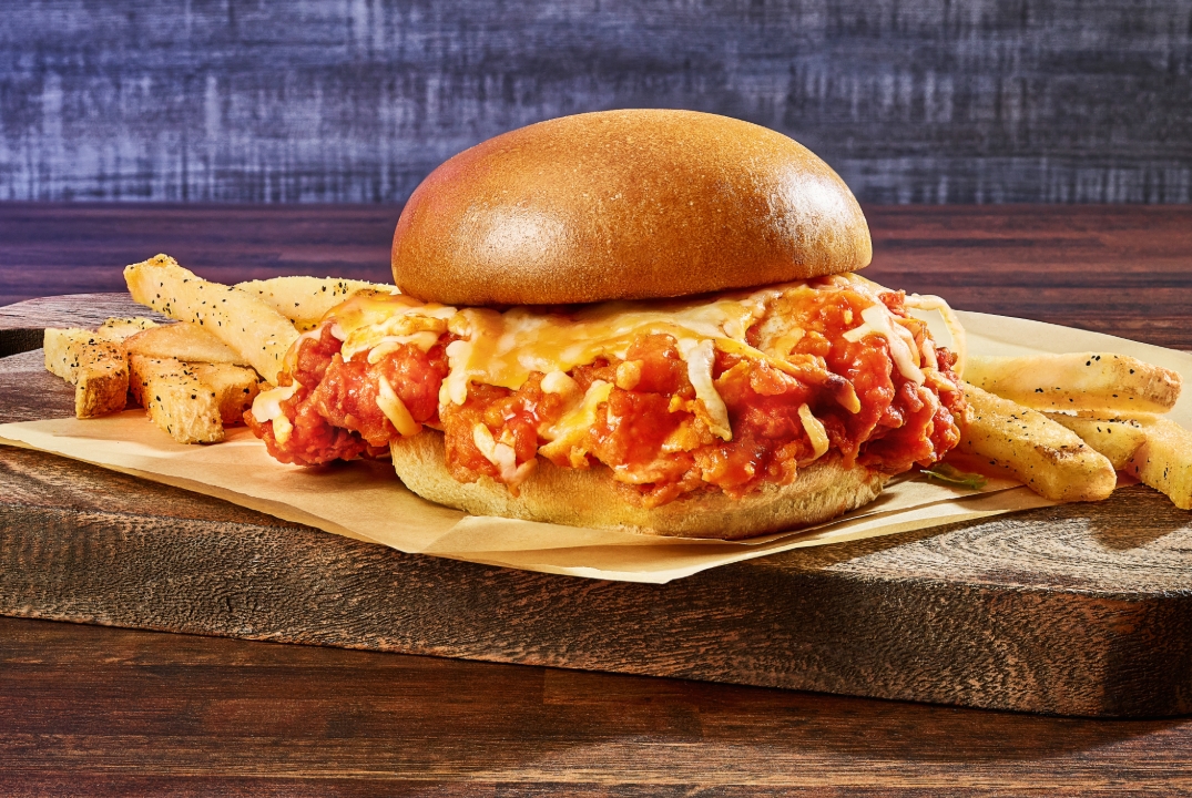 Big Red Chicken Sandwich with fries